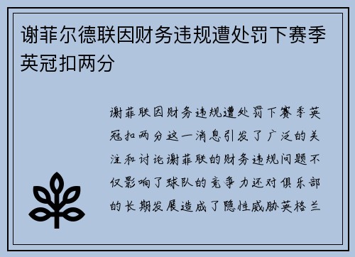 谢菲尔德联因财务违规遭处罚下赛季英冠扣两分 谢菲尔德联因财务违规遭处罚下赛季英冠扣两分